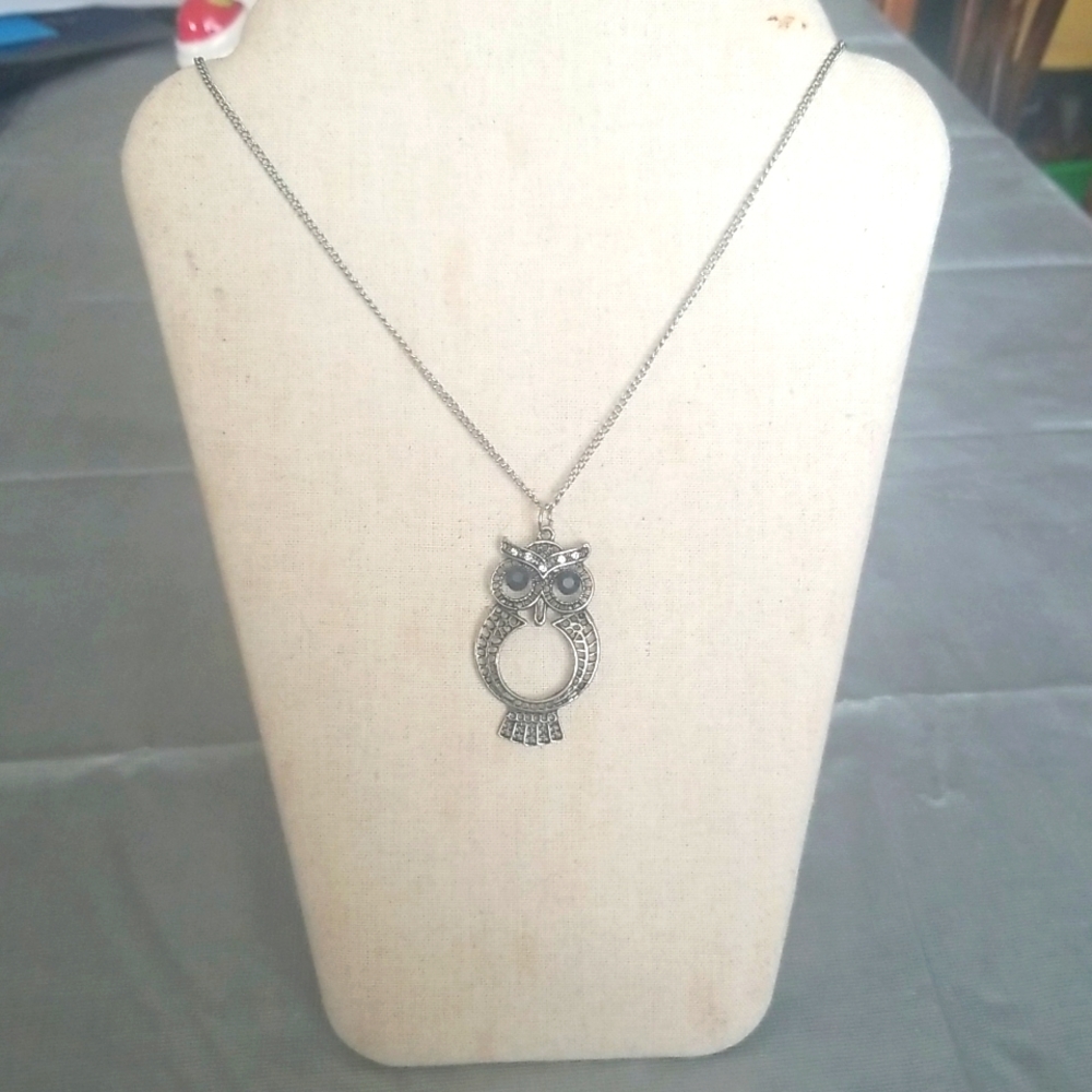 Black Rhinestone Owl Necklace